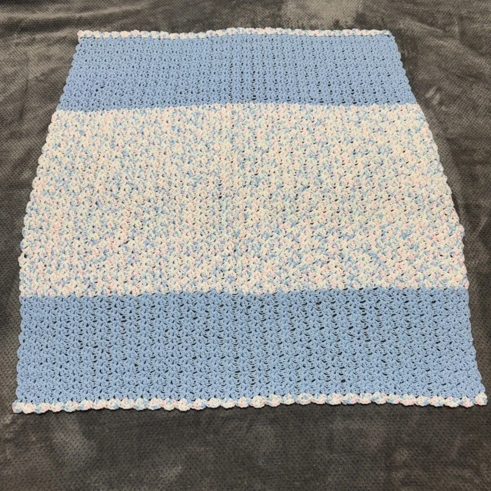 Handmade Crochet Baby Blanket Blue Pink White Striped Scalloped Border 29x30